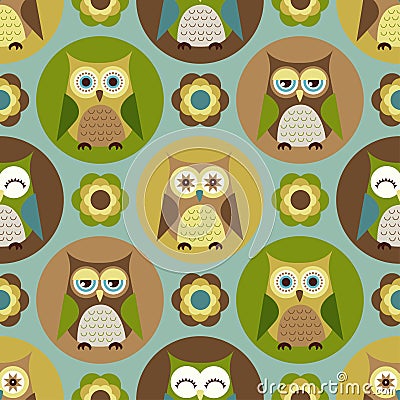 Seamless cartoon owls pattern Vector Illustration