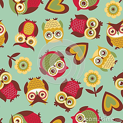 Seamless cartoon owls pattern Vector Illustration