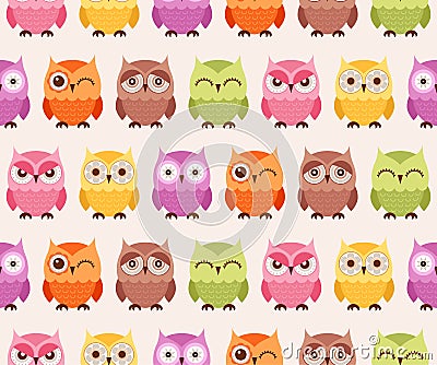 Seamless cartoon owls pattern Vector Illustration