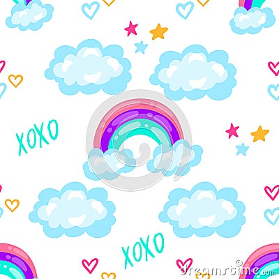 Seamless cartoon pattern with cute rainbow, stars, clouds. Creative texture for fabric, wrapping, textile, wallpaper Stock Photo