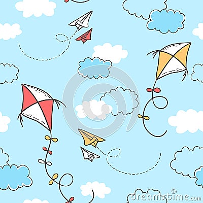 Seamless cartoon pattern with kites, paper planes and clouds on blue sky background Vector Illustration