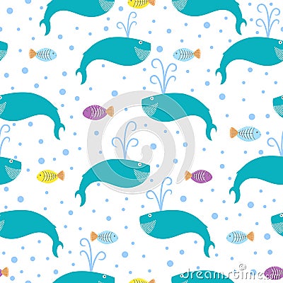 Seamless cartoon pattern with sea inhabitants - whale and fish. Cute cartoon character. Vector Vector Illustration