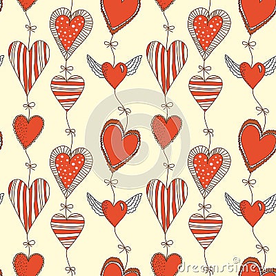 Seamless cartoon romantic pattern with hearts Vector Illustration