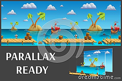 Seamless cartoon sea landscape, vector unending background with separated layers. Vector Illustration