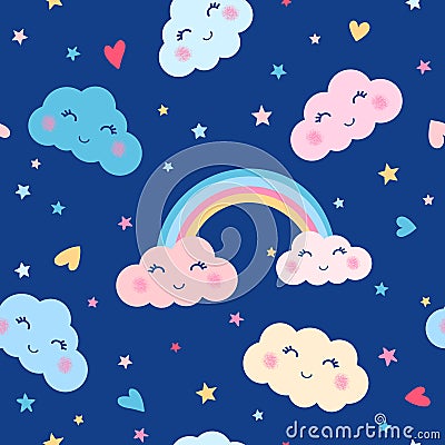 Seamless cartoon sky pattern with cute smiling sleeping clouds, rainbow, hearts and stars on blue background Vector Illustration