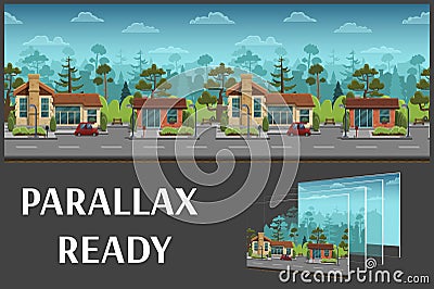 Seamless cartoon street landscape, vector unending background with separated layers. Vector Illustration