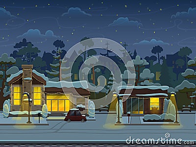 Seamless cartoon street in town, winter landscape, vector unending background with separated layers. Vector Illustration