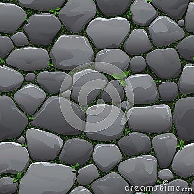 Seamless cartoon texture of an old cobblestone roadway with grass and moss Stock Photo