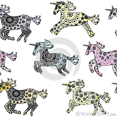 Seamless with cartoon unicorns over a white background Vector Illustration