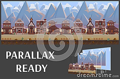 Seamless cartoon wild west town, western landscape, vector unending background with separated layers. Vector Illustration