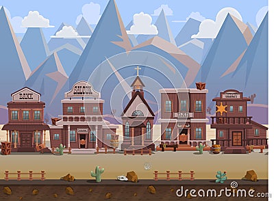 Seamless cartoon wild west town, western landscape, vector unending background with separated layers. Vector Illustration