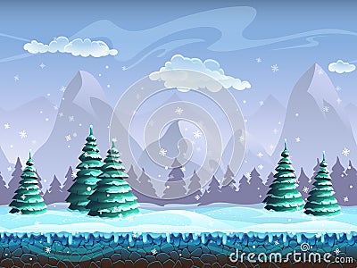 Seamless cartoon winter landscape background endless ice, snow h Vector Illustration