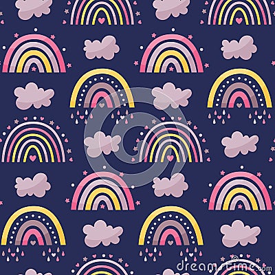 Seamless celestial cute vector pattern with rainbows, clouds, rain, stars Vector Illustration