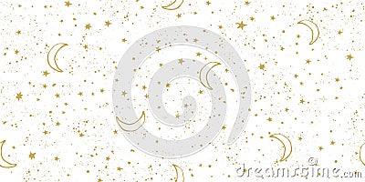 Seamless celestial pattern with golden stars and moon on white sky, astrological boho background for zodiac signs, tarot Vector Illustration