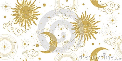 Seamless celestial pattern with golden sun and crescent moon on white background, vintage boho ornament for astrology and tarot. Vector Illustration