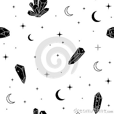 Seamless celestial pattern with moons, stars and crystals. Mystic black and white vector illustration Vector Illustration