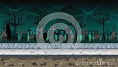 Seamless cemetery landscape with trees for video game design Vector Illustration