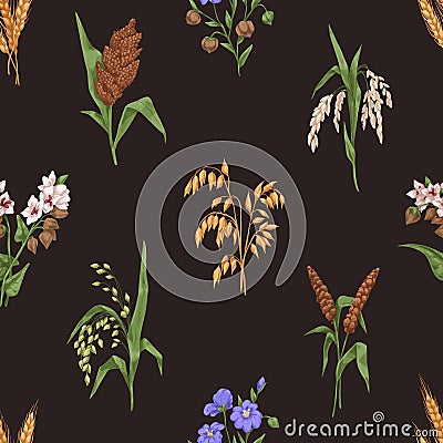 Seamless cereal pattern. Endless background with different grain crops, spikelets print. Repeating texture design with Vector Illustration