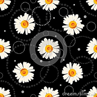 Seamless chamomile pattern on black background with doodles Vector Illustration