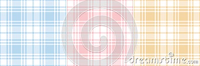 Seamless check plaid pattern set for Easter holiday prints. Simple pastel flat tartan checks in blue, pink, yellow, white. Vector Illustration
