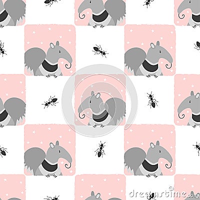 Seamless checked pattern with cute cartoon anteater. Vector Illustration