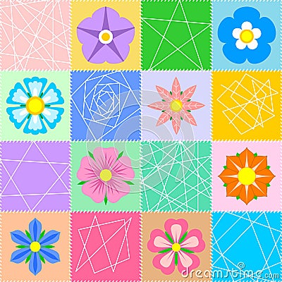 Seamless checkered image with .beautiful multicoloured flowers and abstract patterns. Vector design Vector Illustration