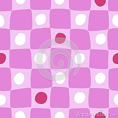 Seamless checkered pattern. Endless check background design, irregular geometric checkers, dot and circles in uneven Vector Illustration