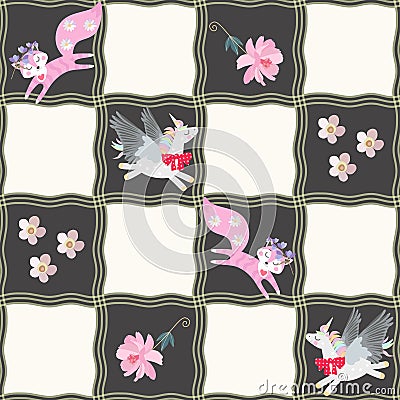 Seamless checkered pattern with funny winged unicorns, pink little foxes and small flowers. Patchwork style. Print for fabric Vector Illustration