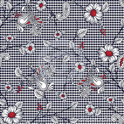 Seamless checks, paisley and flower pattern Vector Illustration