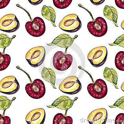 Seamless cherry pattern, ripe wine-colored watercolor cherries, cherry pattern with natural watercolor illustration. Cartoon Illustration