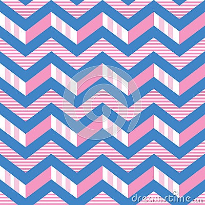 Seamless chevron stripes vector pattern in pink, white and blue. 3-d zigzag stripes pattern Stock Photo