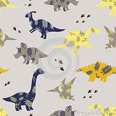 Seamless child dino pattern. Color silhouettes of dinosaurs on a gray background. Backdrop for wallpaper, textile Vector Illustration