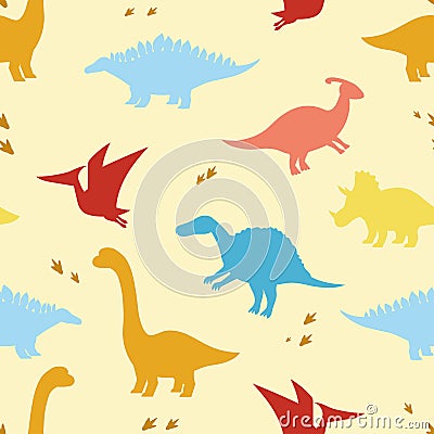 Seamless child dino pattern. Silhouettes of dinosaurs on a yellow background. Backdrop for wallpaper, textile, fabric Vector Illustration