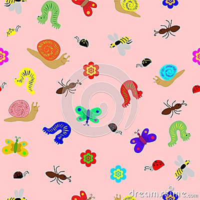 Seamless Child Drawing Pattern. Funny Doodle Insects, snails and caterpillar. Perfect Design for Children. Vector Illustration