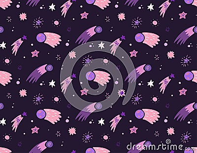 Seamless childish cosmos pattern with stars, comet and asteroid on dark violet background. Vector texture of the universe Vector Illustration
