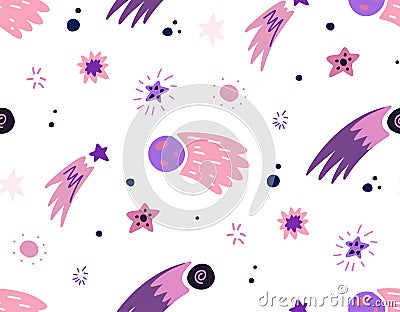 Seamless childish cosmos pattern with stars, comet and asteroid on white background. Vector texture of the universe in purple Vector Illustration