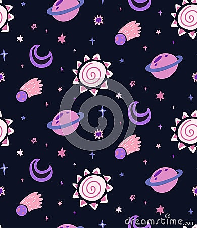 Seamless childish cosmos pattern with stars, comet, sun and saturn planet on dark violet background. Vector texture Vector Illustration