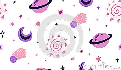 Seamless childish cosmos pattern with stars, comet, sun and saturn planet on white background. Vector texture of the universe Vector Illustration