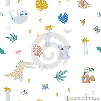 Seamless childish jungle pattern with aligator, koala, crocodile, , sloth, tocan, and jungle florals. Perfect for fabric,textile. Vector Illustration