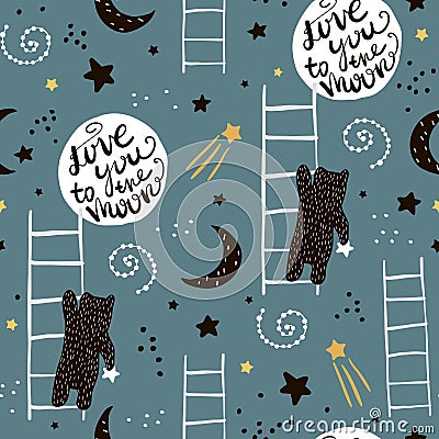 Seamless childish pattern with bears, stars and moon. Creative kids texture for fabric, wrapping, textile, wallpaper, apparel. Cartoon Illustration