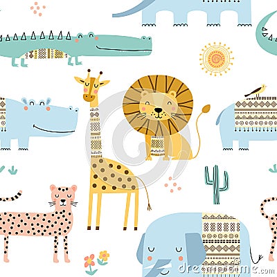 Seamless childish pattern with cute African animals. Scandinavian style kids texture for fabric, wrapping, textile. Vector Illustration