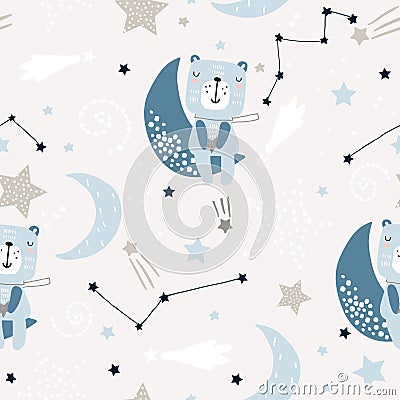 Seamless childish pattern with cute bears on clouds, moon, stars. Creative scandinavian style kids texture for fabric, wrapping, Cartoon Illustration