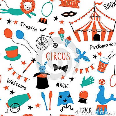 Seamless childish pattern with cute circus symbols. Shapito show with performance elements. Doodle hand drawn vector illustration Vector Illustration