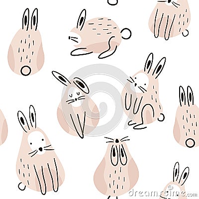 Seamless childish pattern with cute rabbits. Creative kids texture for fabric, wrapping, textile, wallpaper, apparel. Vector Cartoon Illustration