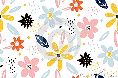 Seamless childish pattern with fairy flowers. Creative kids city texture for fabric, wrapping, textile, wallpaper Vector Illustration