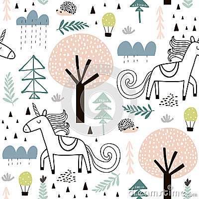 Seamless childish pattern with fairy unicorn, hedgehog in the wood. Creative kids city texture for fabric, wrapping, textile, Cartoon Illustration