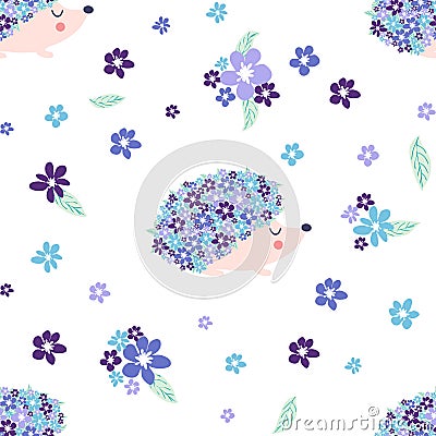 Seamless childish pattern with floral hedgehog with flowers and cute hedgehogs on a white background. Stock Photo