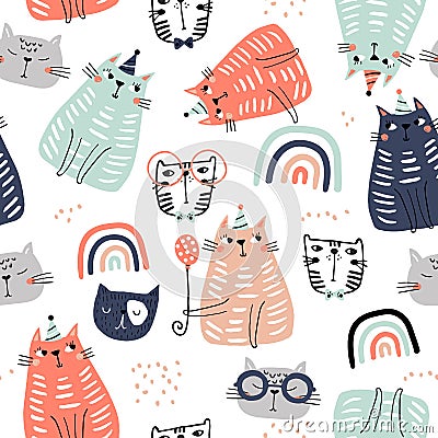 Seamless childish pattern with funny colorful cats and ranbows . Creative scandinavian kids texture for fabric, wrapping, textile Vector Illustration