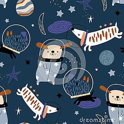 Seamless childish pattern with funny dogs astronauts. Space texture with cute pets. Vector illustration Vector Illustration