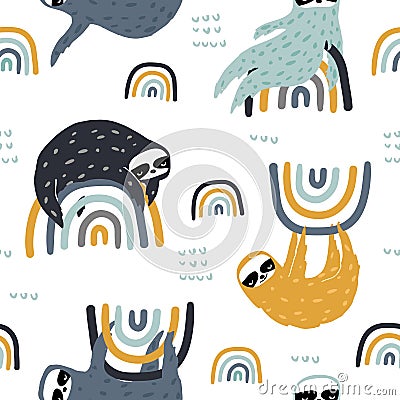 Seamless childish pattern with funny sloths on rainbows. Creative kids texture for fabric, wrapping, textile, wallpaper, apparel. Cartoon Illustration